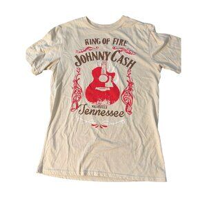 Johnny Cash Ring Of Fire T Shirt Beige Red Guitar Tennessee Graphic Tee Sz 14/16